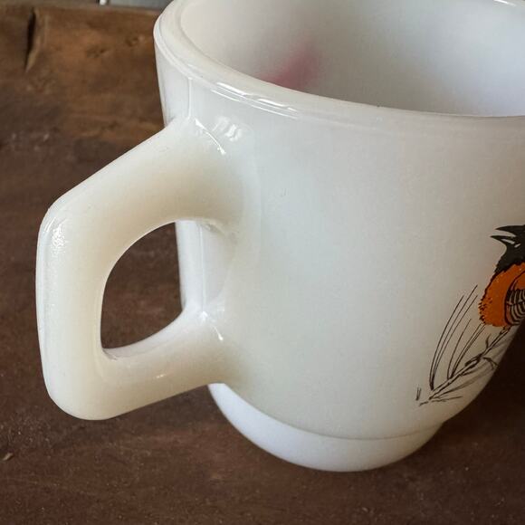 Fire King Milk Glass Bird Coffee Cup Cardinal Oriole Mug Anchor Hocking USA - Picture 5 of 9